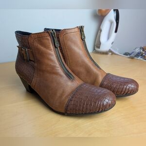 RIEKER Women Leather Booties Brown Tan Front Zipper Size 41 = 9.5 US Small Heel